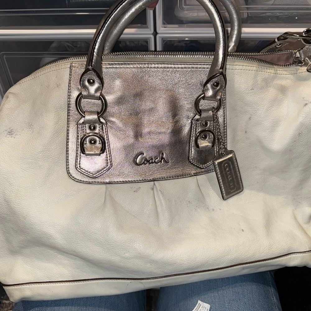 Coach White and Silver Ashley Large Satchel Women's Bag with Matching Wallet